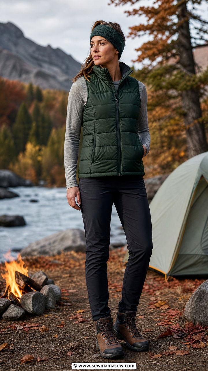Puffer vest and long sleeve tee camping outfit - 25 Camping trip outfit ideas
