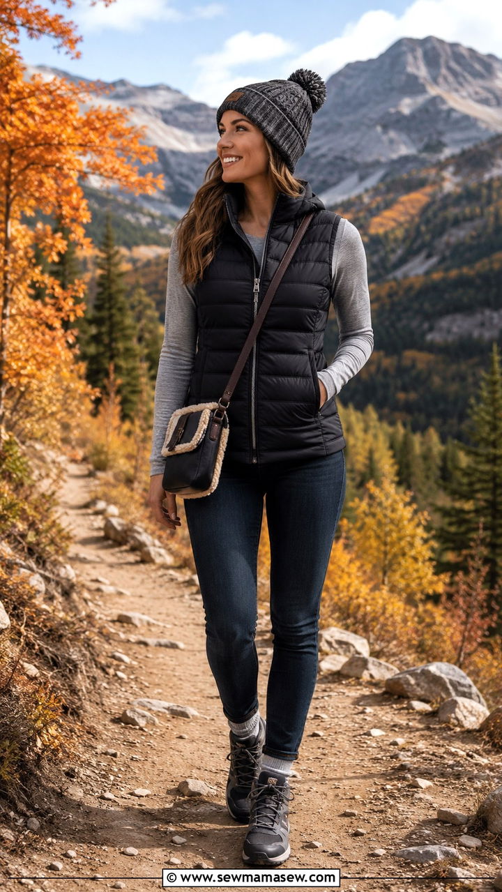Puffer vest and long sleeve tee outfit - 30 Travel capsule wardrobe ideas