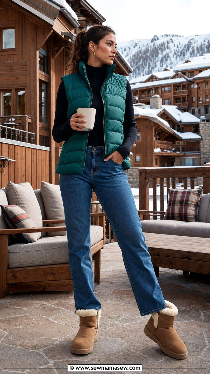 Puffer vest and turtleneck with jeans outfit - 25 Sporty chic outfit ideas apres ski