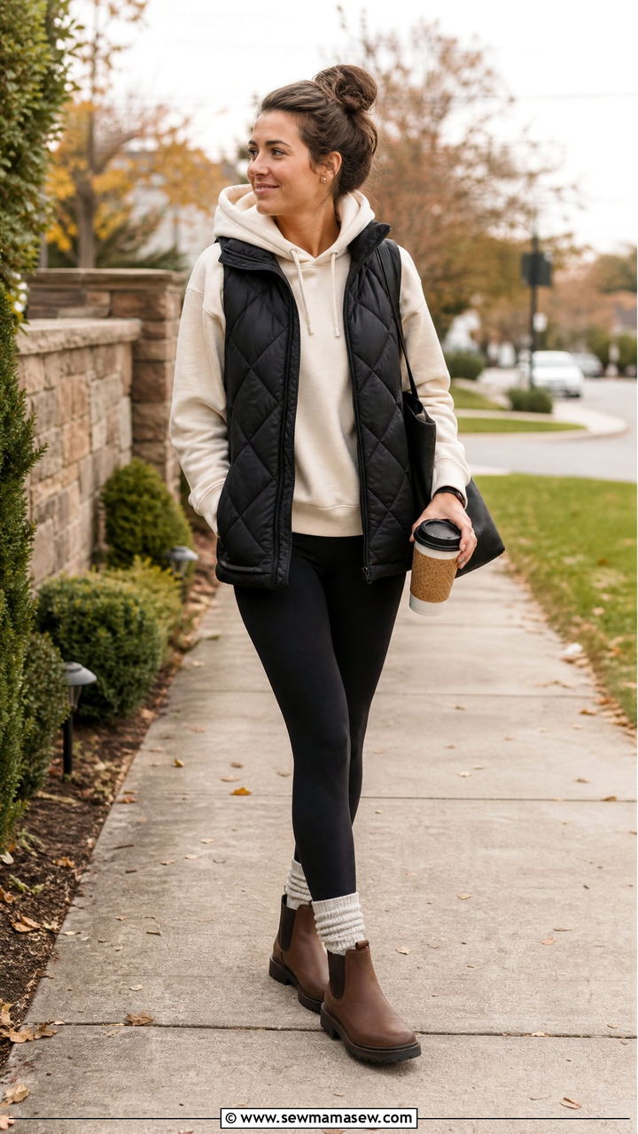Puffer vest layered over a hoodie with fleece lined leggings - 30 First cold day outfits
