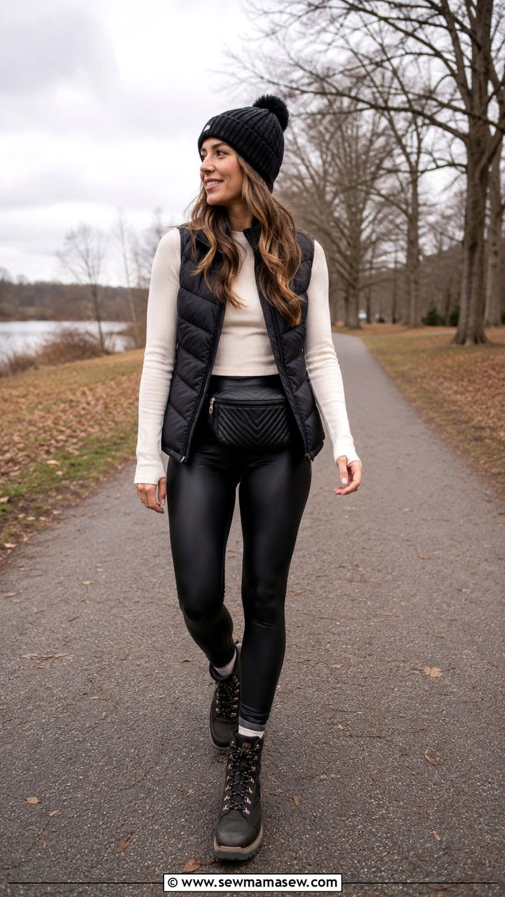 Puffer vest layered over a long sleeve tee and leggings - 30 Overcast day outfit ideas