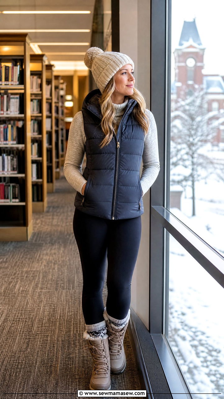 Puffer vest layered over a thermal long sleeve with fleece lined leggings - 30 College library outfit ideas