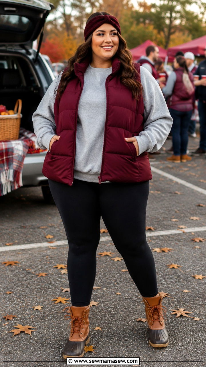 Puffer vest layered over crewneck sweatshirt and leggings outfit - 30 Plus size tailgate outfit ideas