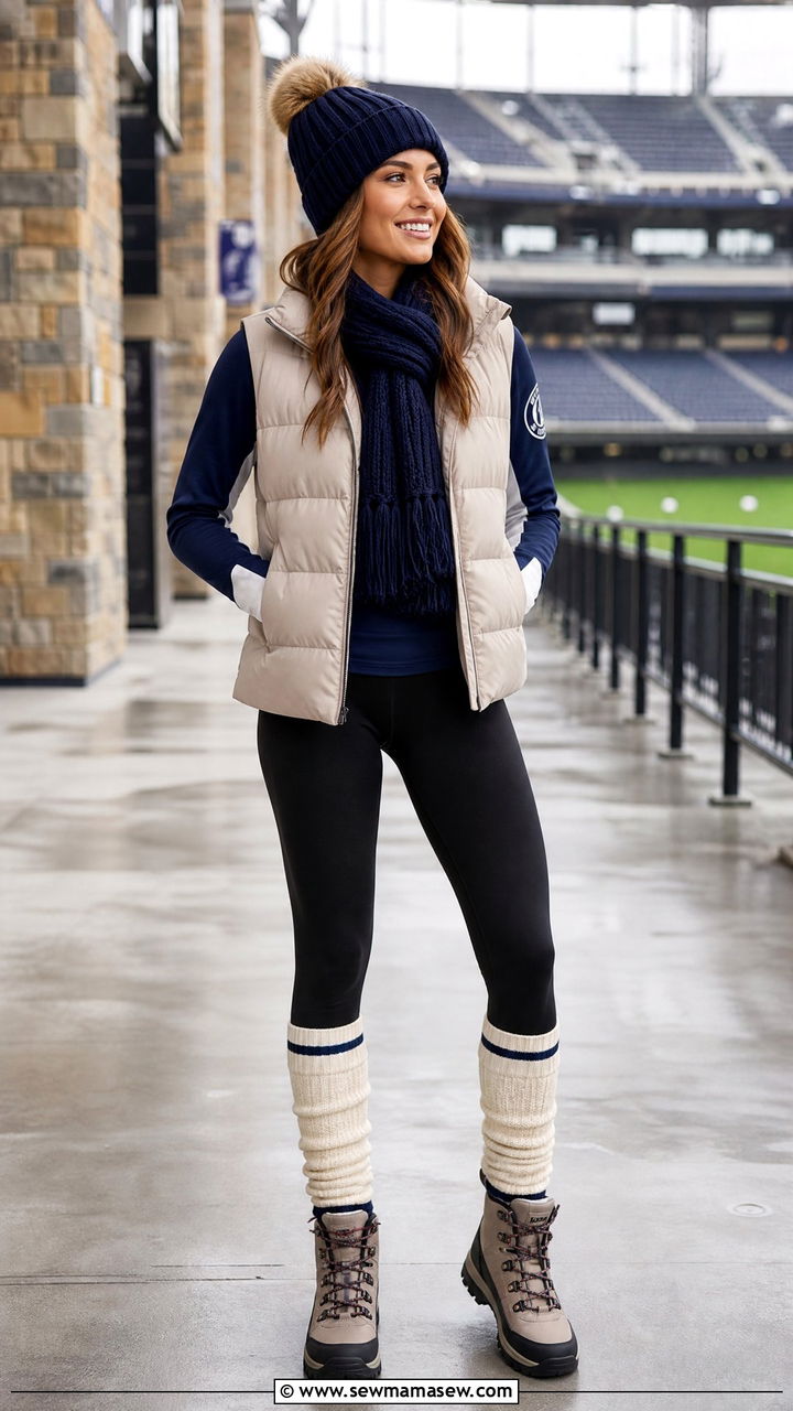 Puffer vest outfit with leggings for cool weather - 25 Gameday outfit ideas HBCU
