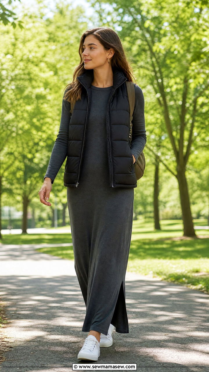 Puffer vest over a long sleeve maxi dress - 25 Spring outfits with puffer jacket