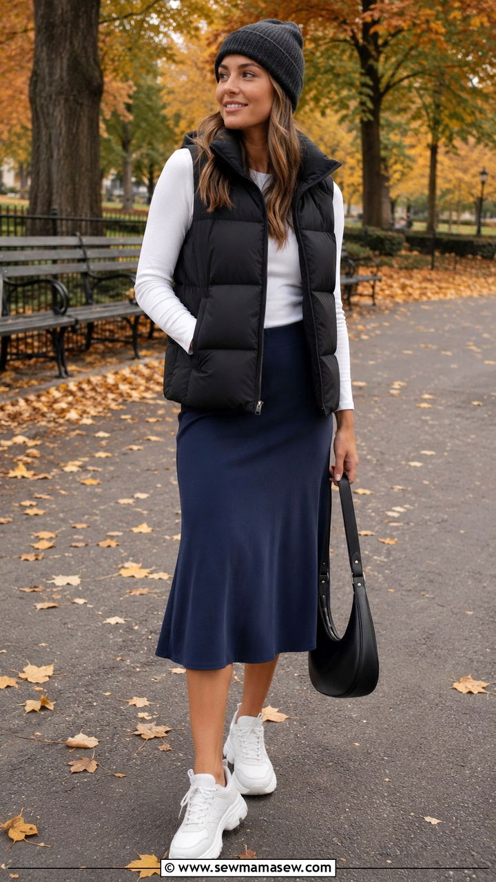 Puffer vest over midi skirt with sneakers - 30 Midi skirt outfit ideas with sneakers