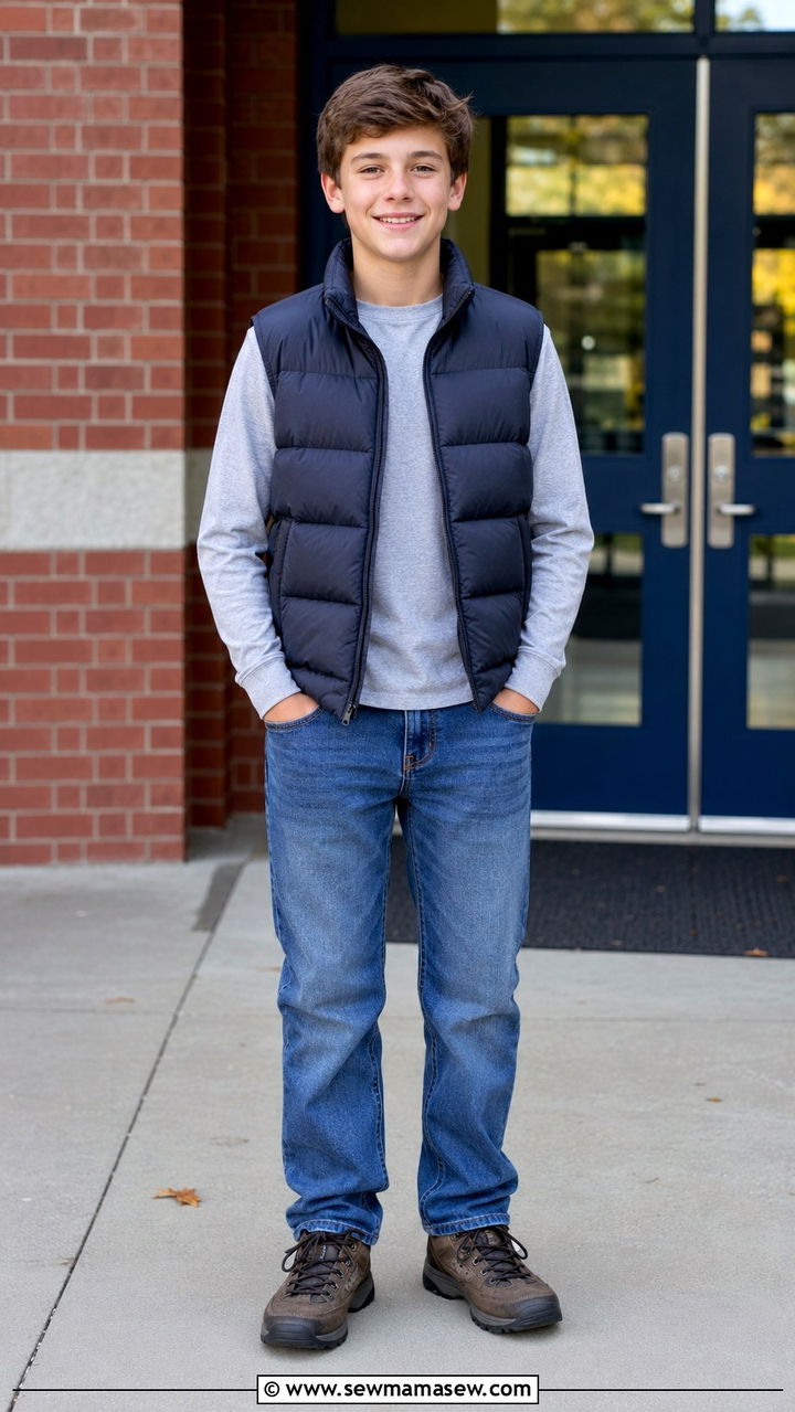 Puffer vest with a long sleeve tee and jeans - 30 Middle school picture day outfit ideas