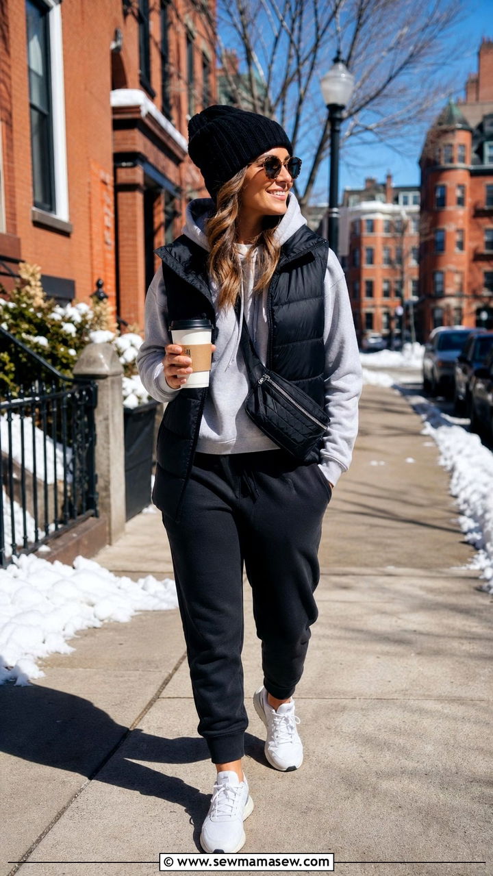 Puffer vest with hoodie and joggers - 40 What to wear in Boston