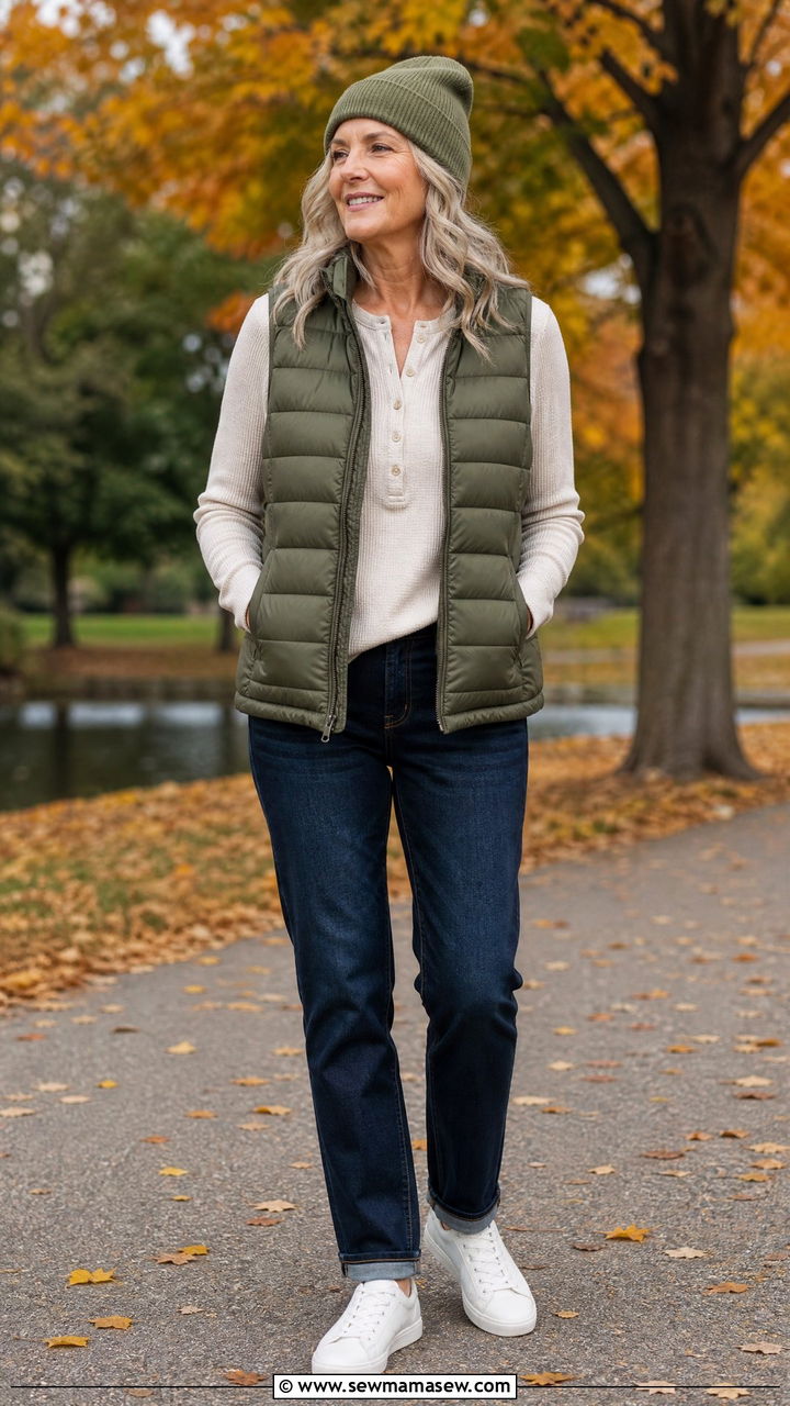 Puffer vest with jeans and sneakers outfit - 35 Jeans and sneakers outfit ideas over 50