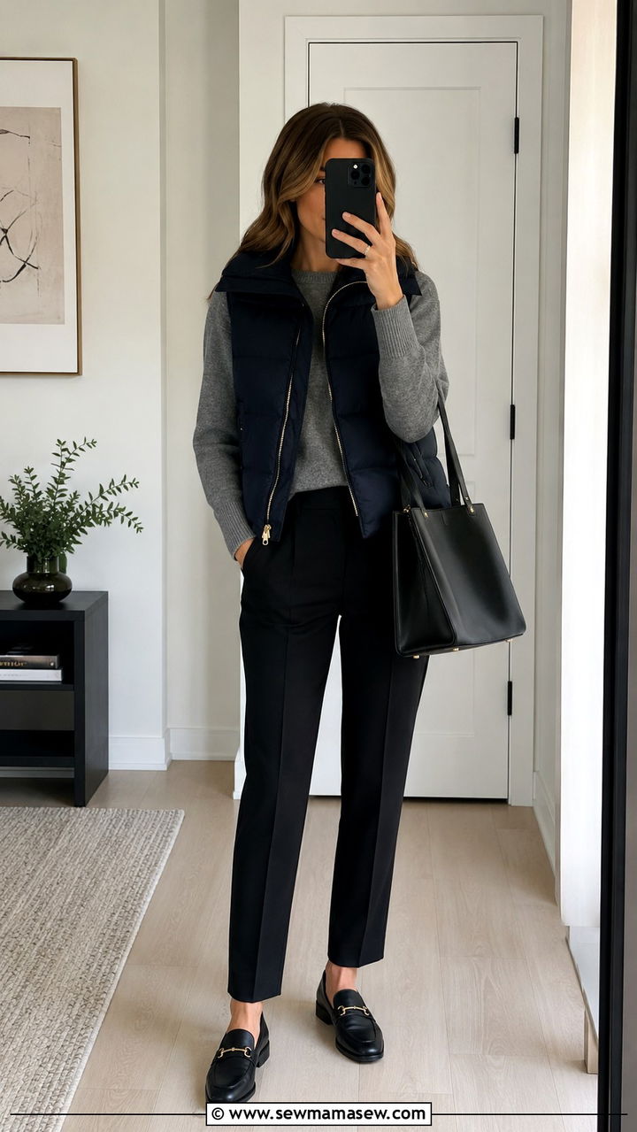 Puffer vest with knit and tailored trousers work look - 25 seasonal office outfit ideas