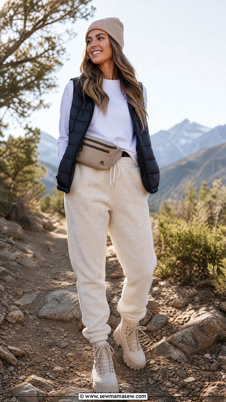 Puffer vest with long sleeve tee and joggers outfit - 30 Cozy spring outfit ideas 2026
