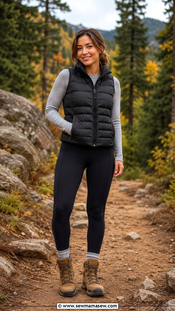 Puffer vest with long sleeve tee and leggings - 30 Travel outfit ideas petite women