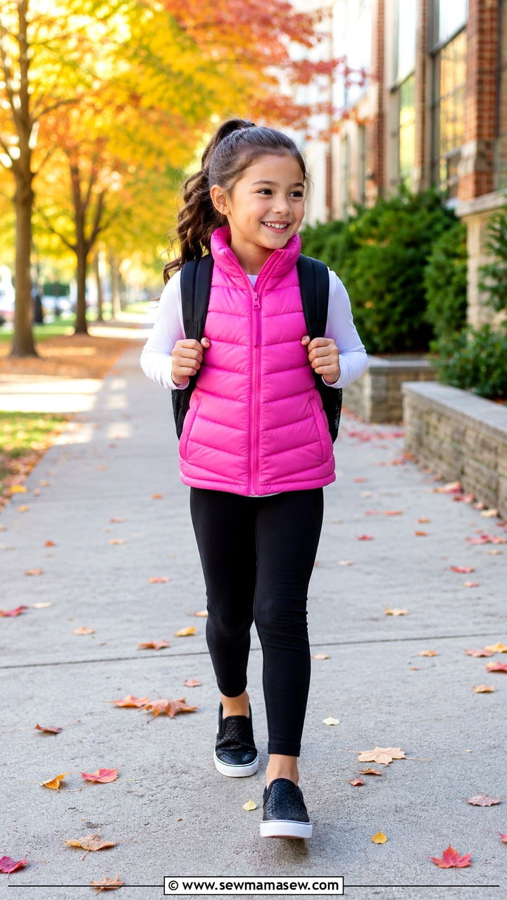 Puffer vest with long sleeve tee and leggings outfit - 30 Kids back to school outfit ideas