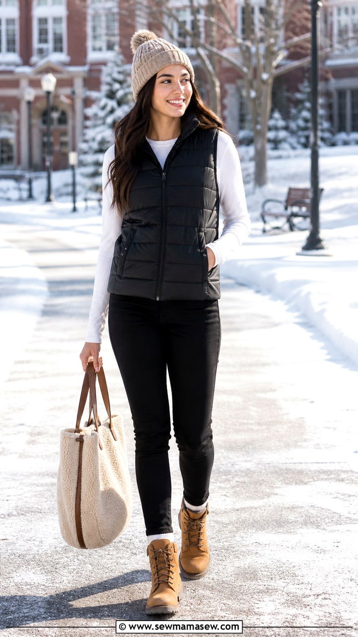 Puffer vest with long sleeve tee outfit - 40 school outfits
