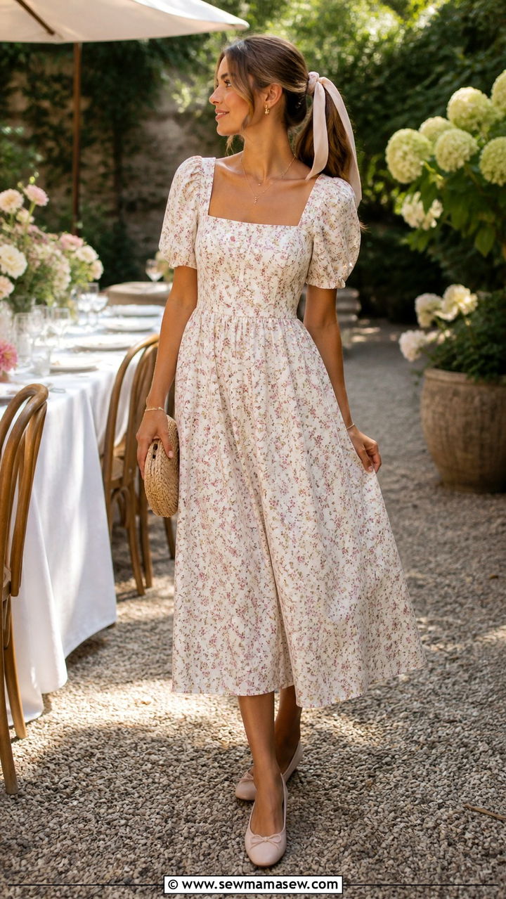 Puffsleeve midi dress with ballet flats and a ribbon hair tie - 40 What to wear in Charleston