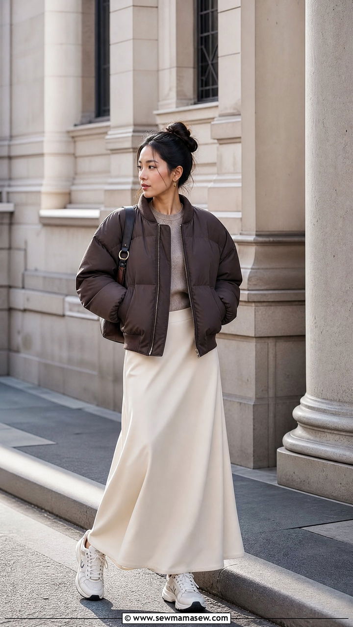 Puffy bomber jacket maxi skirt combo with dad sneakers - 25 Petite outfit ideas to avoid