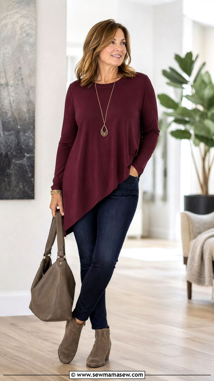 Pull On Jeggings with Asymmetric Tunic - 20 Outfit ideas for menopause belly