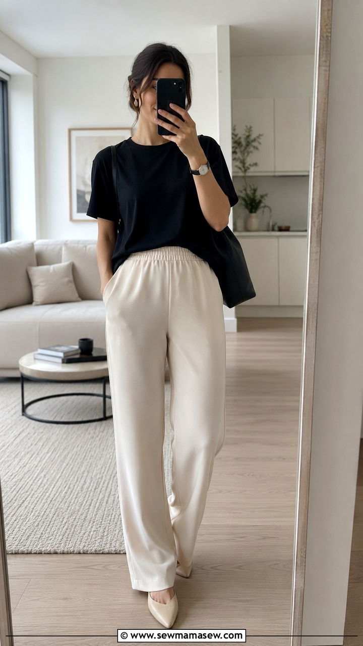 Pull On Trousers and Relaxed T Shirt Postpartum - 25 Postpartum outfit ideas that fit new body