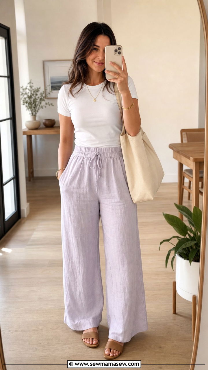 Pull On Wide Leg Pants With a Fitted White Tee and Slides - 35 April outfits for women