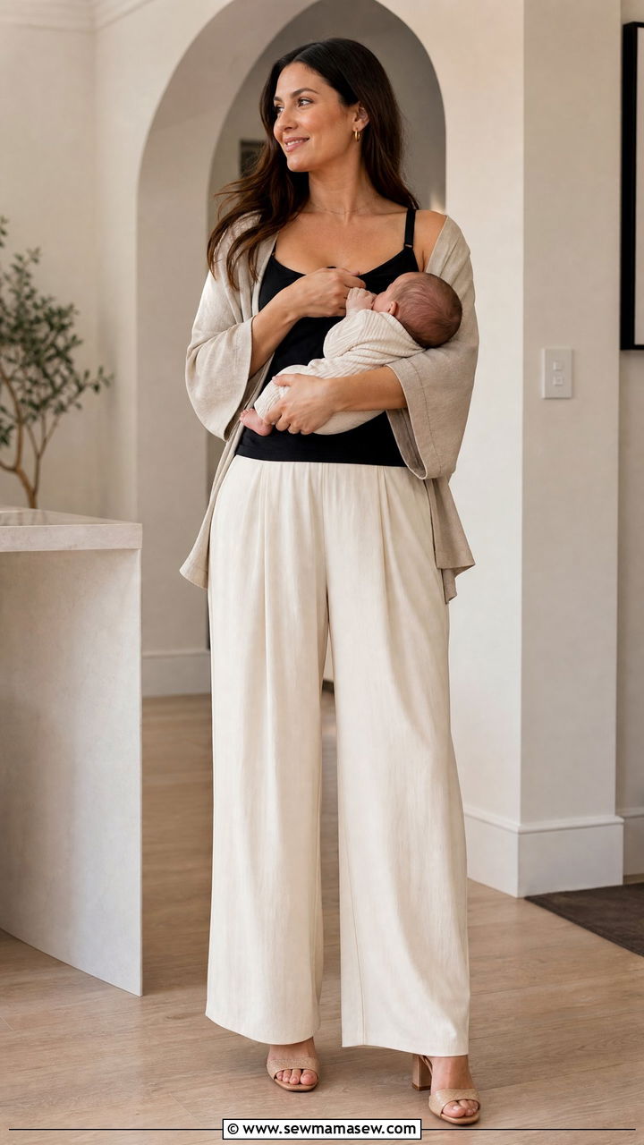 Pull on wide leg trousers with a nursing camisole and heeled mules - 30 Summer outfit ideas for postpartum women