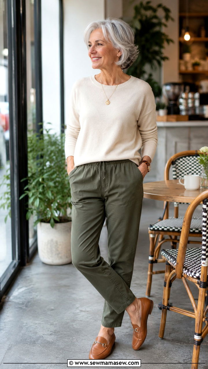 PullOn Olive Pants With Cream Knit Sweater - 30 Classy outfits for women over 60