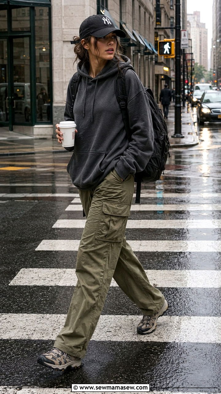 Pullover Hoodie With Cargo Pants And Hiking Sneakers - 30 Rainy day casual outfit ideas