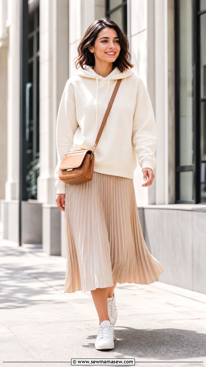 Pullover Hoodie With a Pleated Midi Skirt and White Sneakers - 30 Cool morning warm afternoon outfits