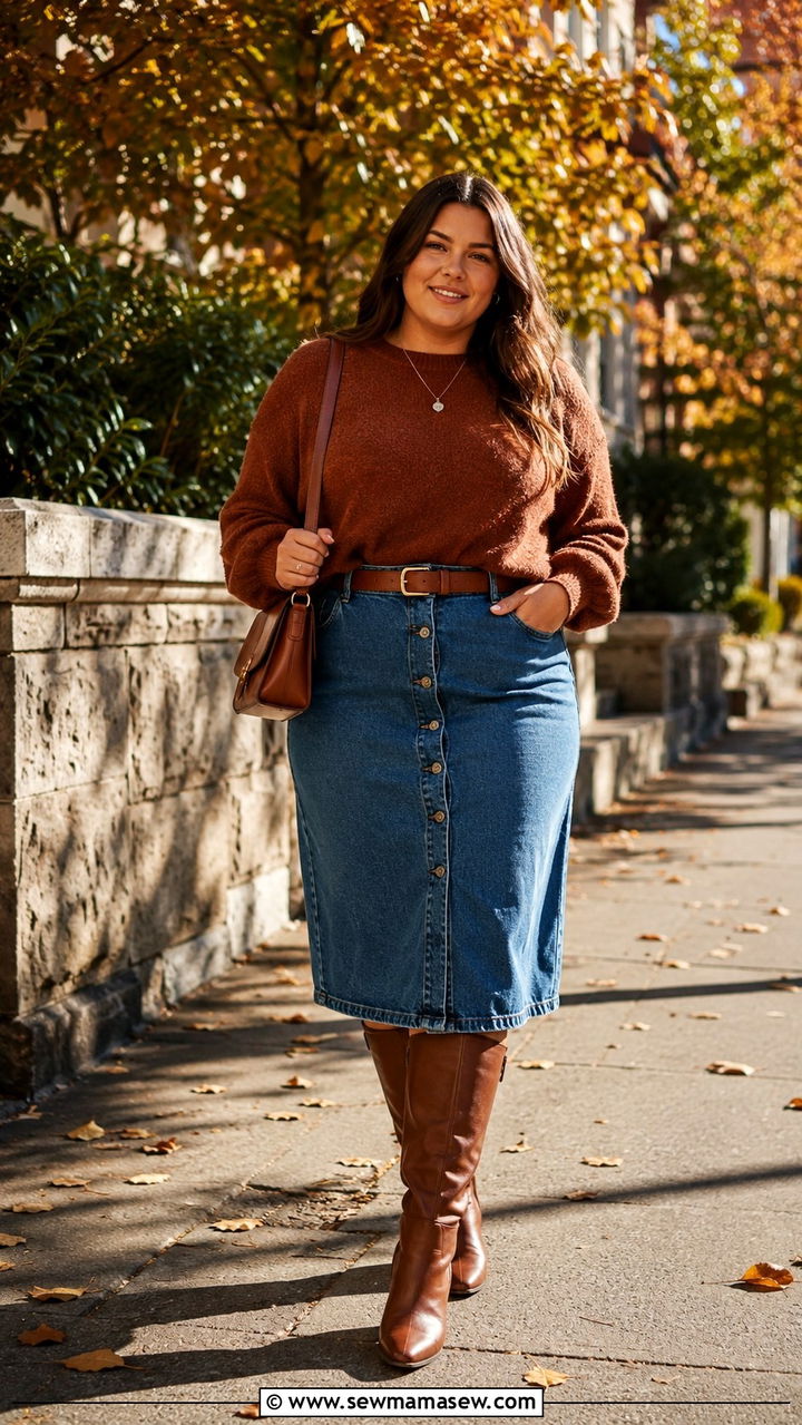 Pullover sweater with denim skirt outfit - 30 Sweater outfit ideas plus size