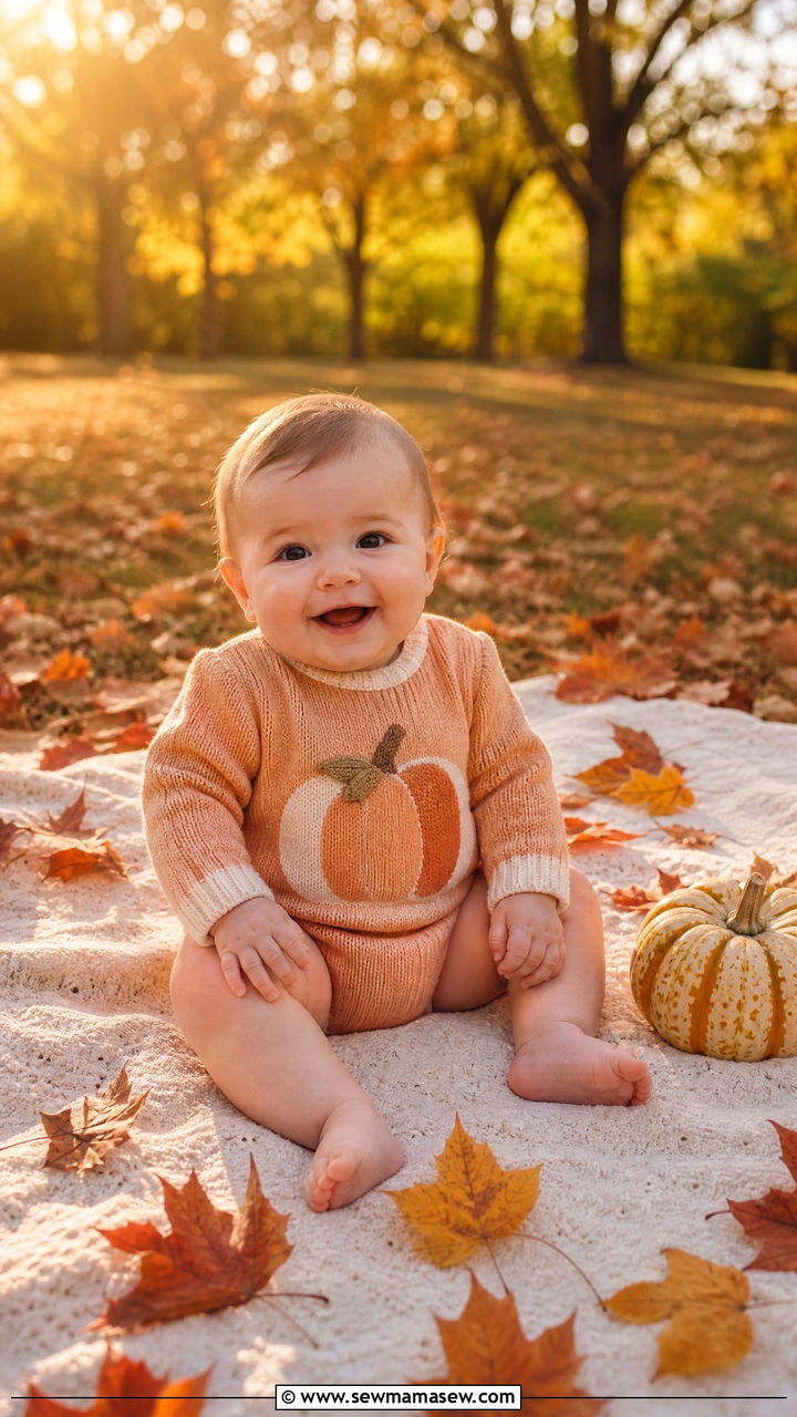 Pumpkin Romper with Fall Leaves - 20 6 month photo outfit ideas