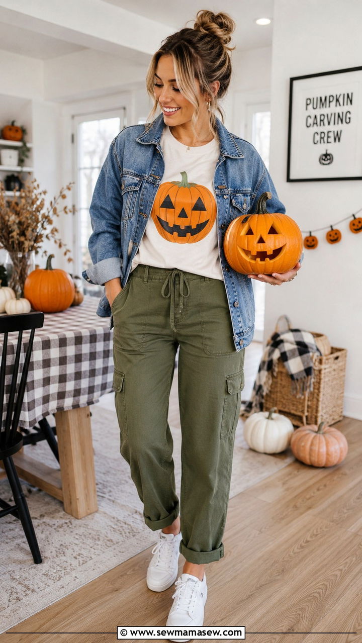 Pumpkin graphic tee with a denim jacket and cargo pants - 30 Pumpkin carving party outfit ideas