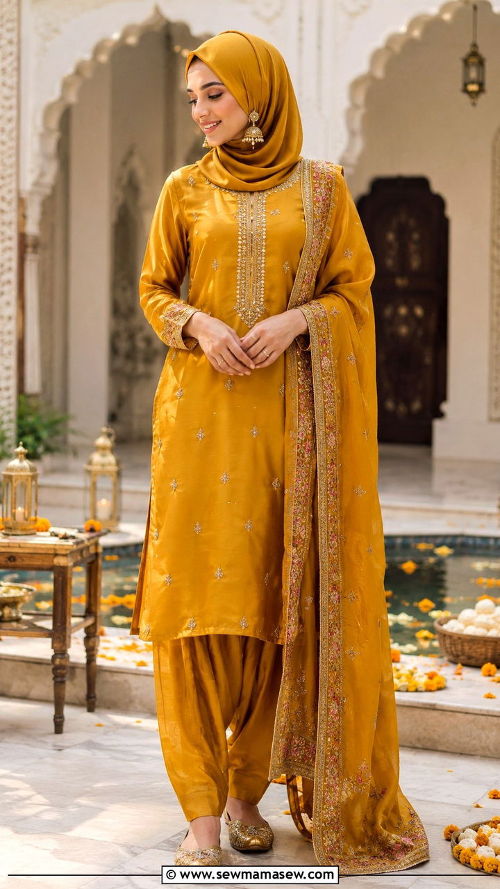 Punjabi suit with embroidered juttis - 30 Modest outfit ideas for Eid