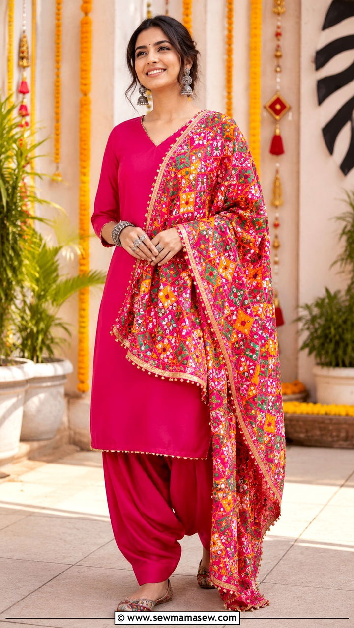 Punjabi suit with phulkari dupatta - 30 Navratri outfit ideas