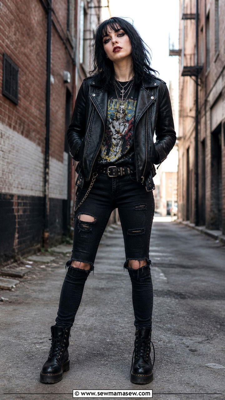 Punk goth black leather jacket with ripped jeans and band tee outfit - 40 Gothic outfit ideas