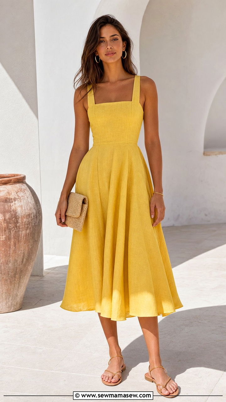 Pure linen midi dress with square neck and strappy sandals - 25 Sofia Richie spring outfit ideas