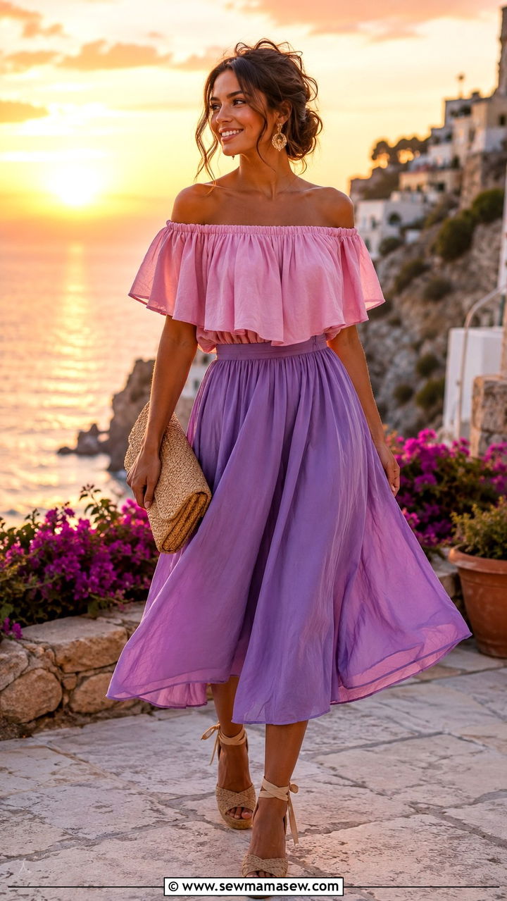 Purple Midi Skirt With A Pink Off The Shoulder Top - 25 Pink and purple outfit ideas