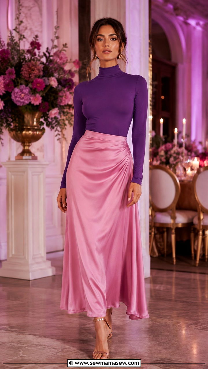 Purple Mock Neck Top With Pink Satin Maxi Skirt - 25 Pink and purple outfit ideas