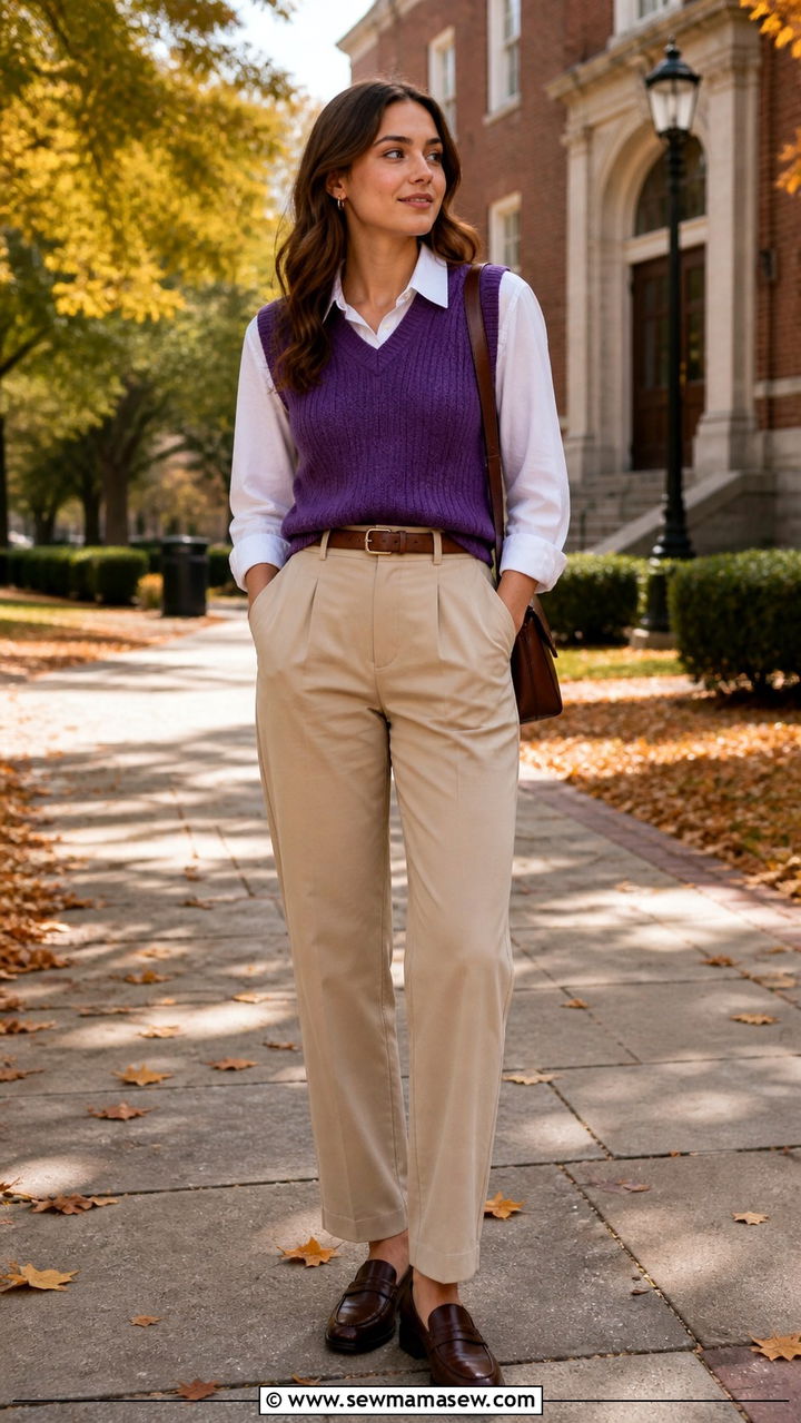 Purple Sweater Vest with White Collared Shirt - 40 Purple outfit ideas
