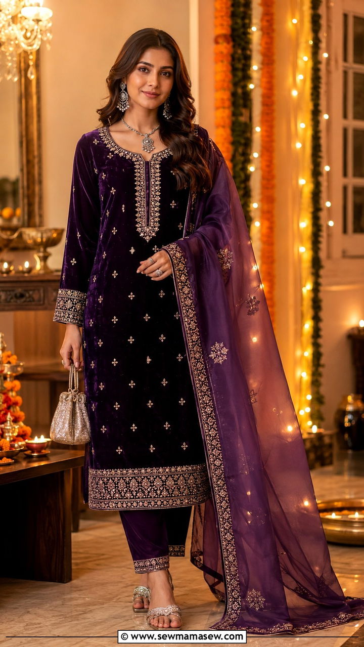Purple Velvet Kurta Suit Set - 25 Velvet matching set outfit ideas