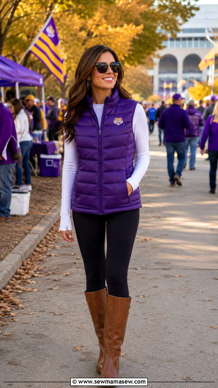 Purple puffer vest over a long sleeve tee with leggings and boots LSU outfit - 20 Gameday outfit ideas LSU