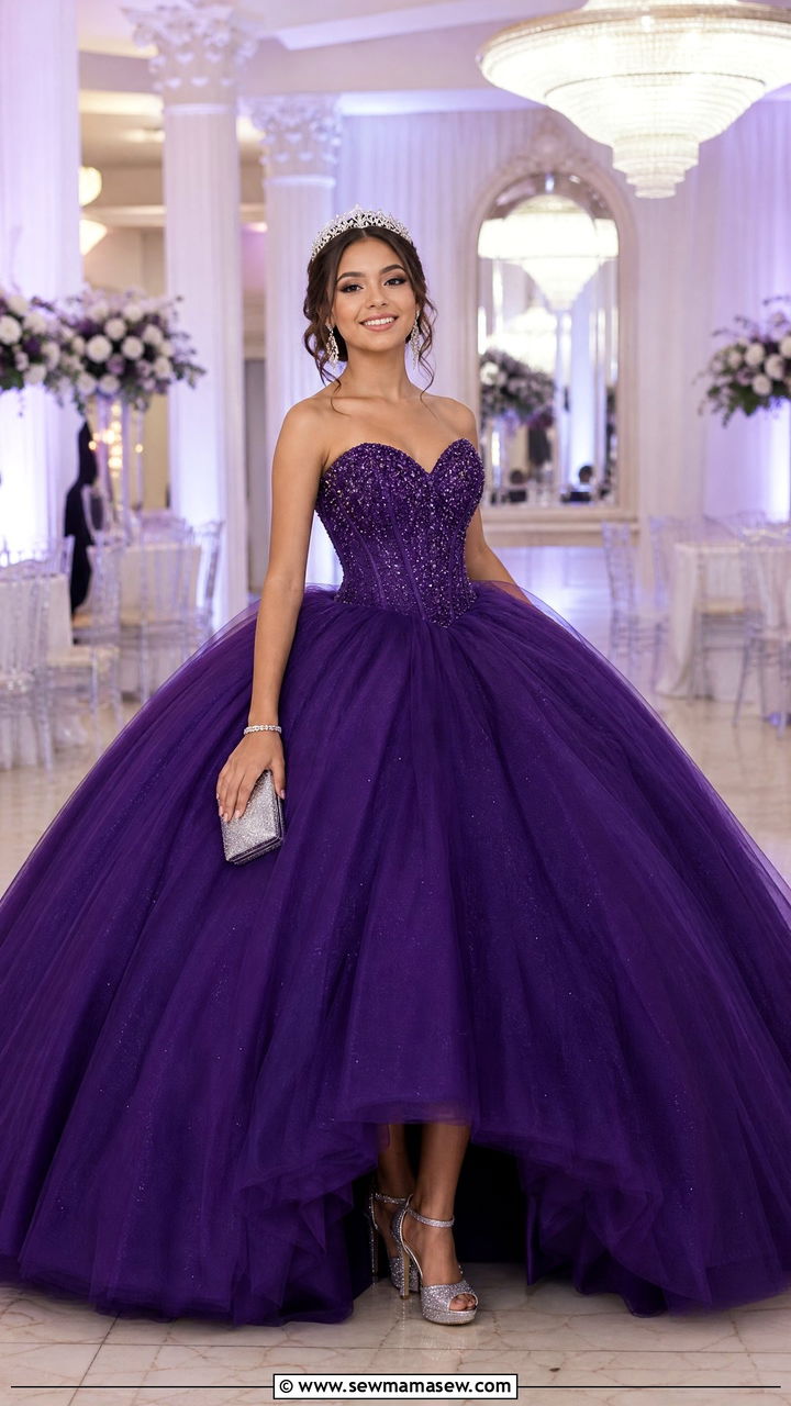 Purple quinceanera ball gown with silver accessories - 25 Quinceanera outfit ideas