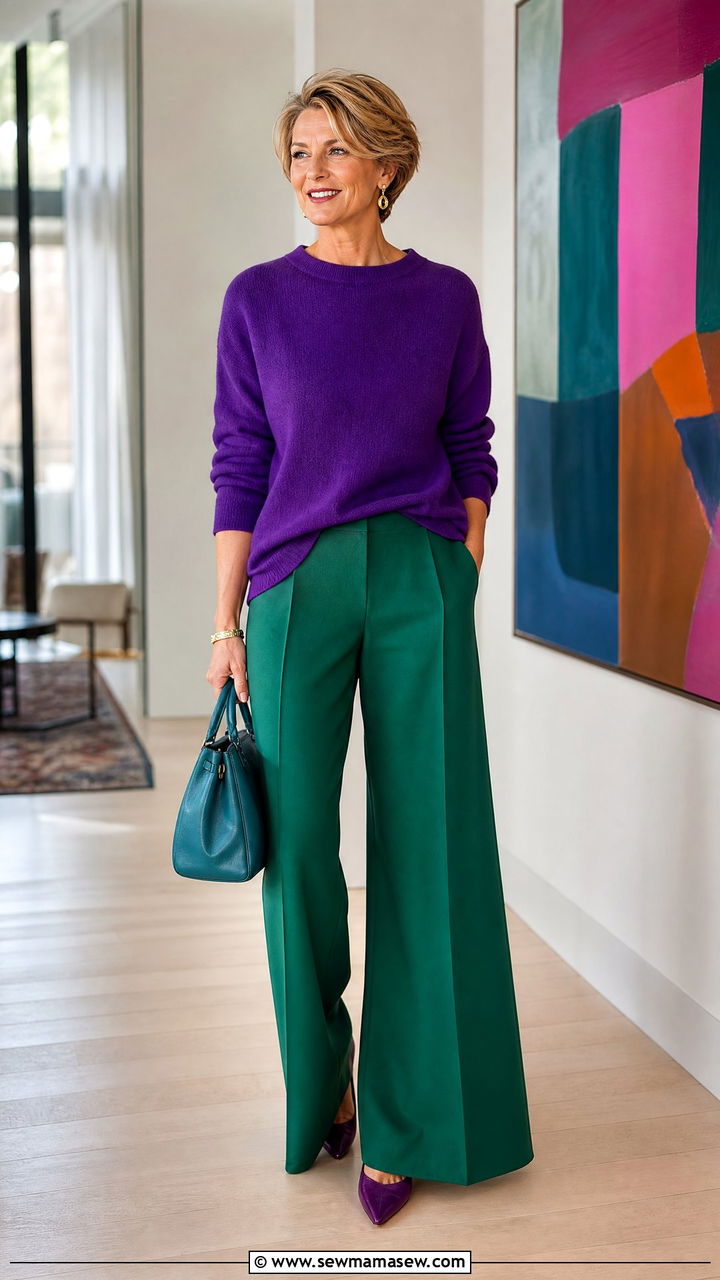 Purple sweater and emerald green trousers - 35 Mature woman outfit ideas