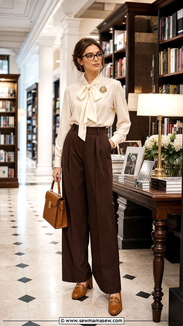 Pussy Bow Blouse And Wide Leg Trousers With Heeled Loafers - 25 cute librarian core outfits