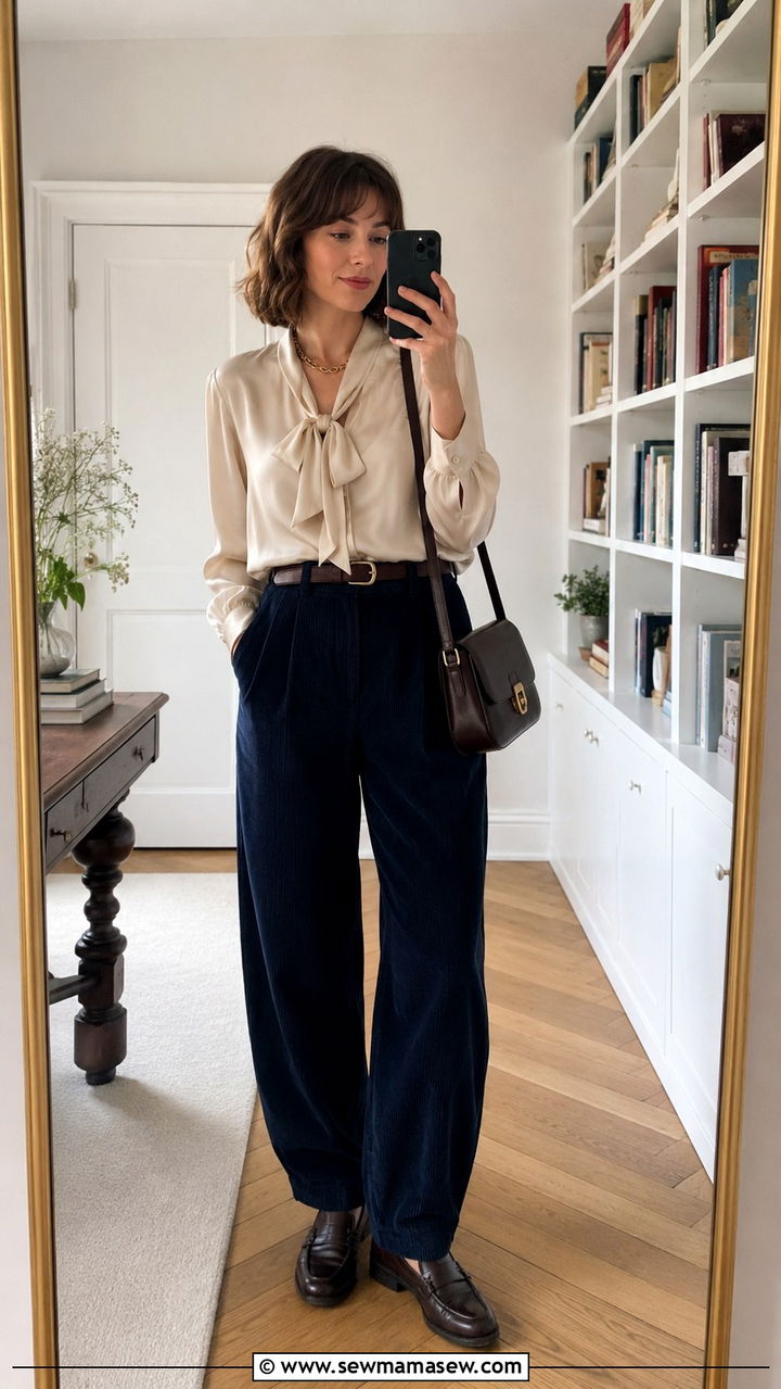 Pussy bow blouse with barrel leg cords and loafers - 25 Poetcore outfit ideas college professor aesthetic
