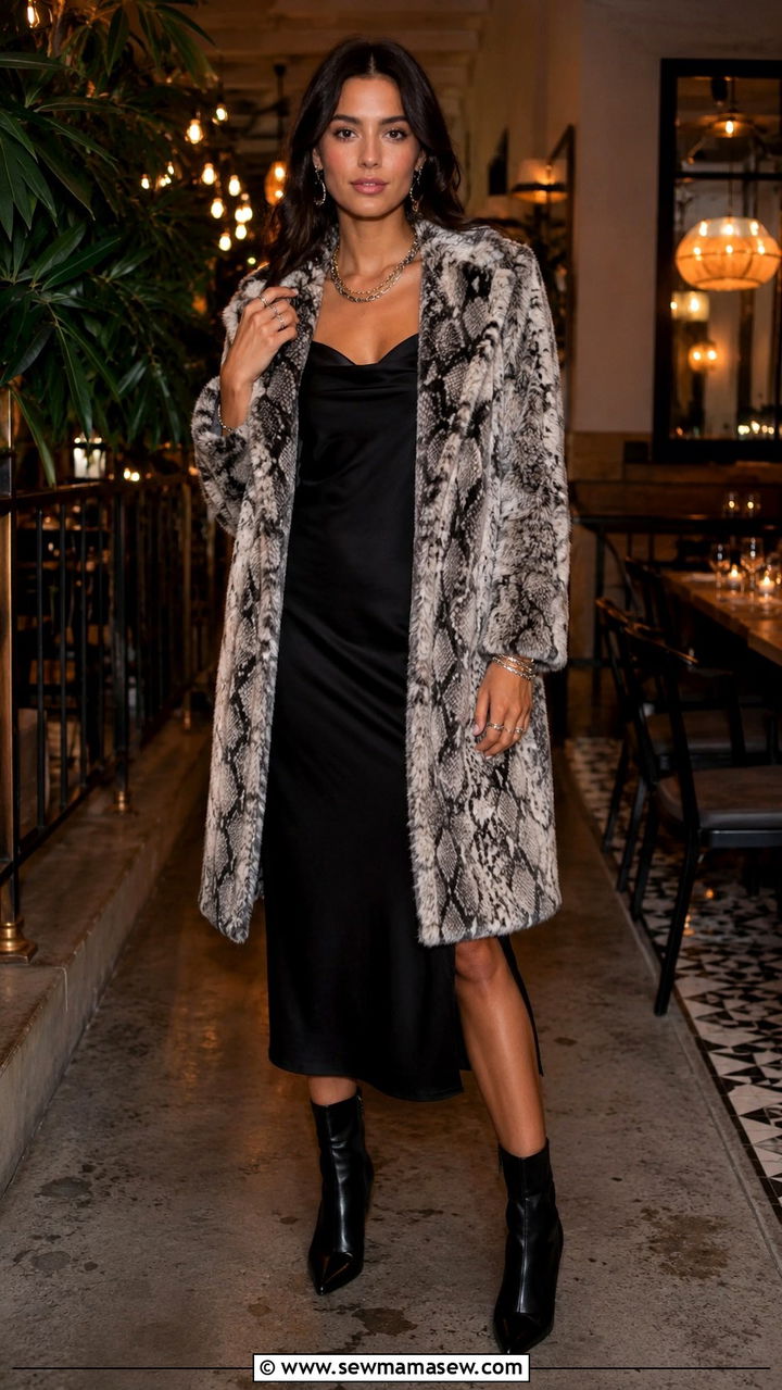 Python Print Coat With Black Slip Dress And Ankle Boots - 30 Mob wife outfits 2026