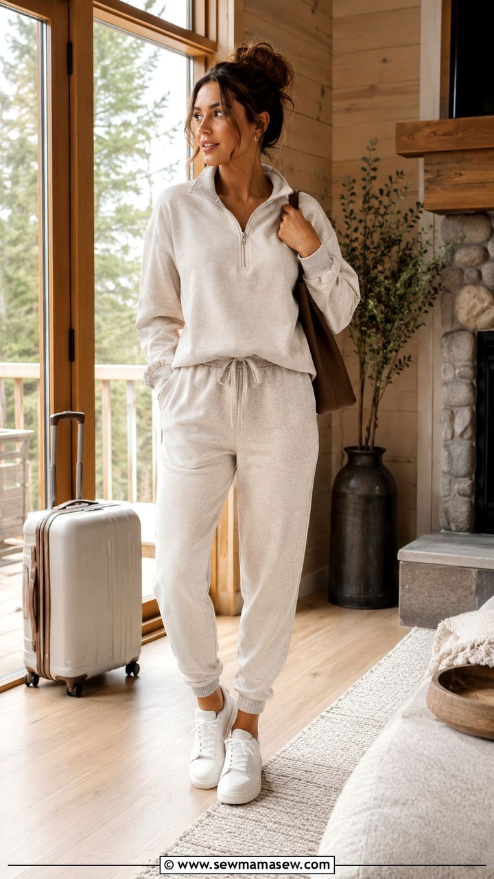 Quarter Zip Fleece Pullover with Joggers and White Sneakers - 30 Spring cabin weekend outfits