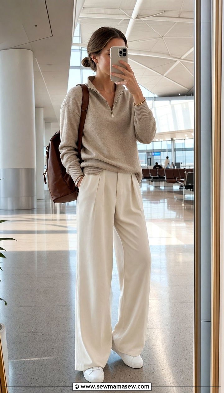 Quarter Zip Knit And Wide Leg Pants - 35 Airport outfit ideas old money
