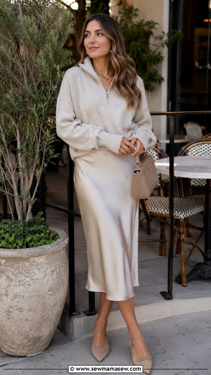 Quarter Zip Knit With Satin Midi Skirt and Pointed Toe Flats - 30 casual preppy outfits