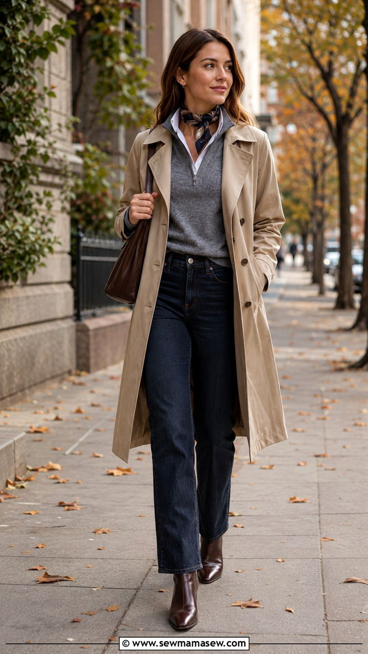 Quarter Zip Layered Under Trench Coat Outfit - 25 Quarter zip outfit ideas preppy