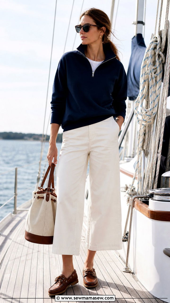 Quarter Zip Pullover With Cropped Wide Leg Pants and Boat Shoes - 25 Sporty chic outfit ideas sailing