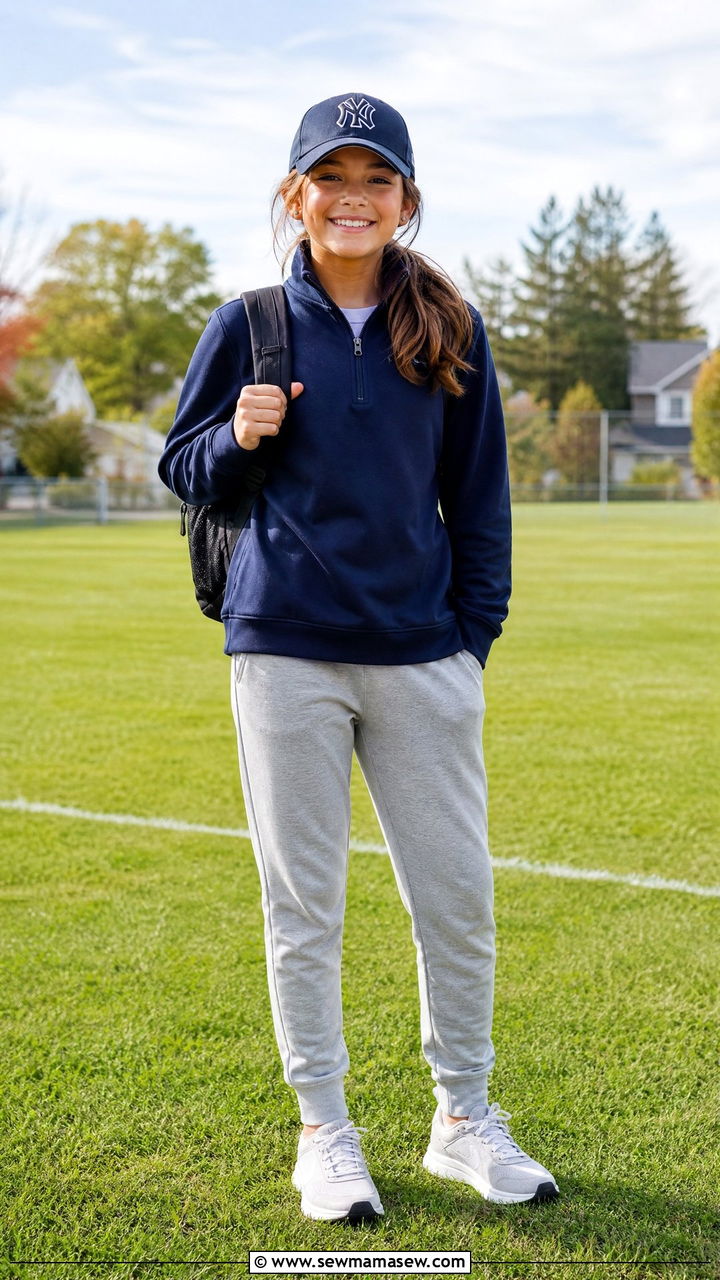 Quarter Zip Pullover With Joggers And Baseball Cap - 35 Middle school outfit ideas